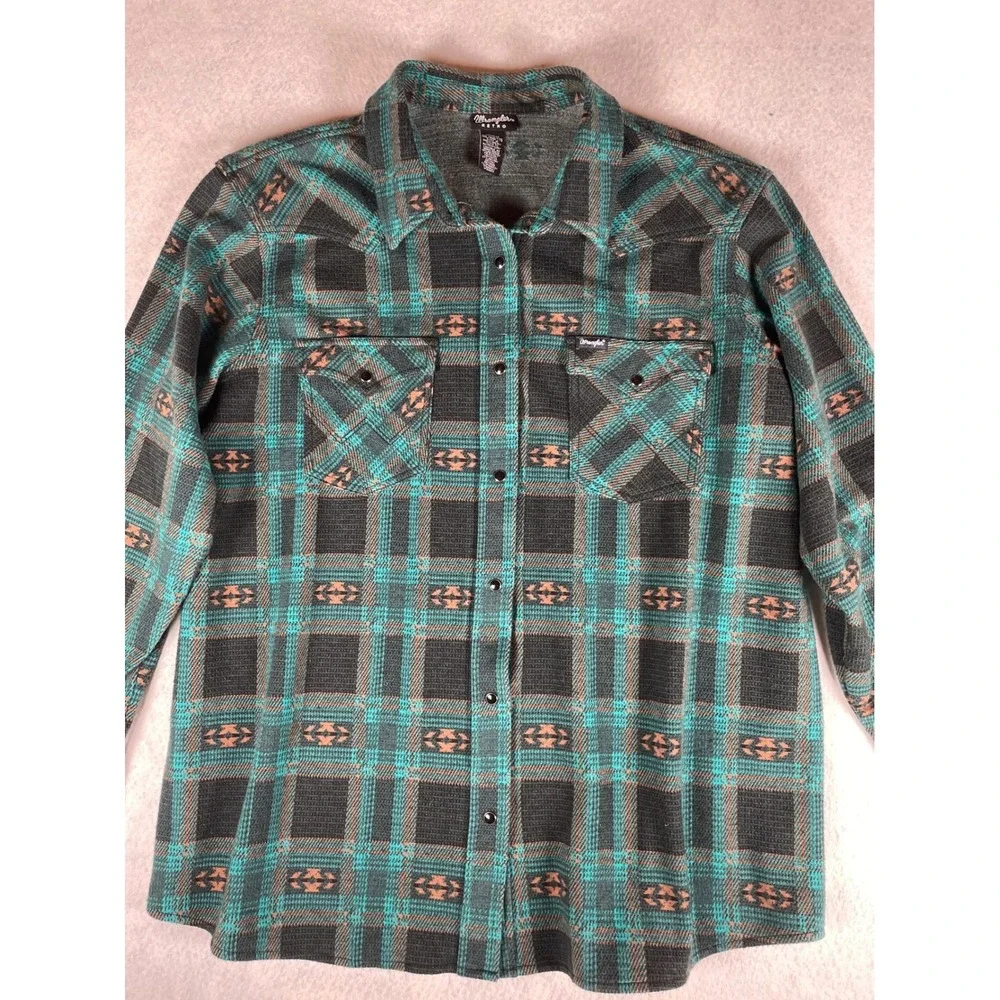 Wrangler Retro Mens Plaid Green Orange Western Snap‎ Front Long Sleeve Shirt XXL